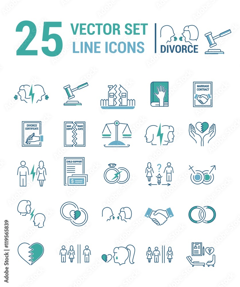 Vector set of icons in a linear design on the subject of divorce