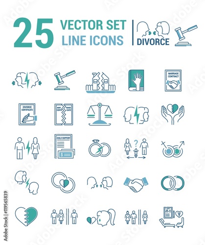 Vector set of icons in a linear design on the subject of divorce