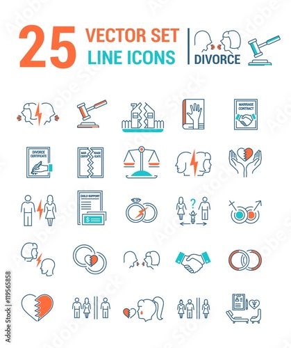 Vector set of icons in a linear design on the subject of divorce