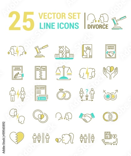 Vector set of icons in a linear design on the subject of divorce
