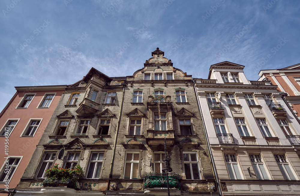 Art Nouveau facade of the building with balconies in Poznan.