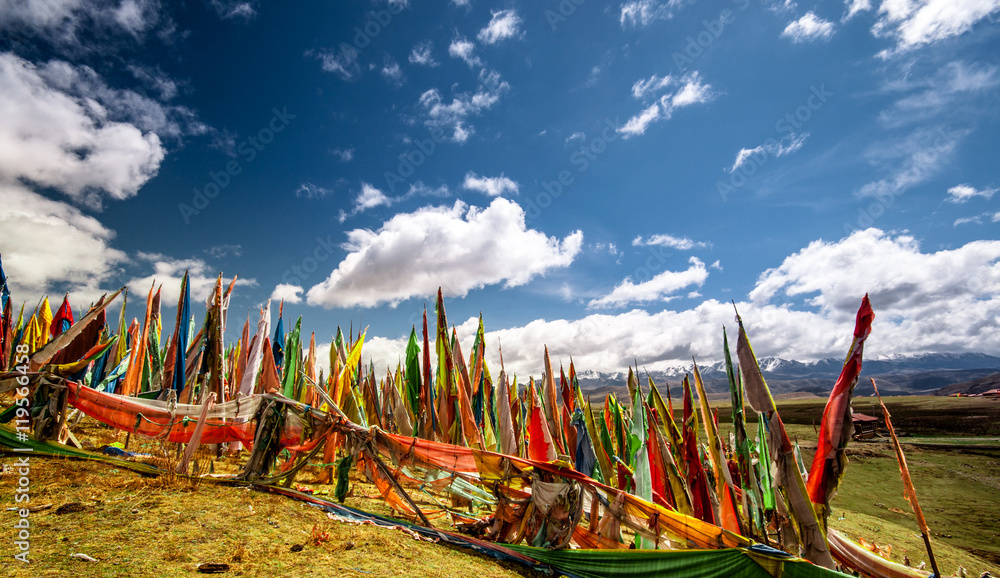buddhist prayer flags on a hill by Tagong grassland
