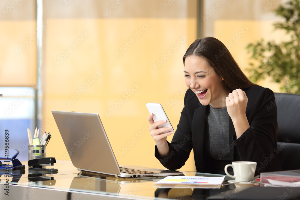 Excited businesswoman reading a smart phone Excited businesswoman reading a smart phone