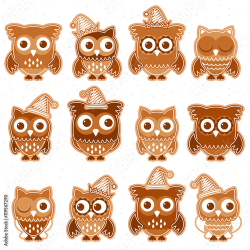 Christmas Holiday Gingerbread Cookie Owls in Vector Format