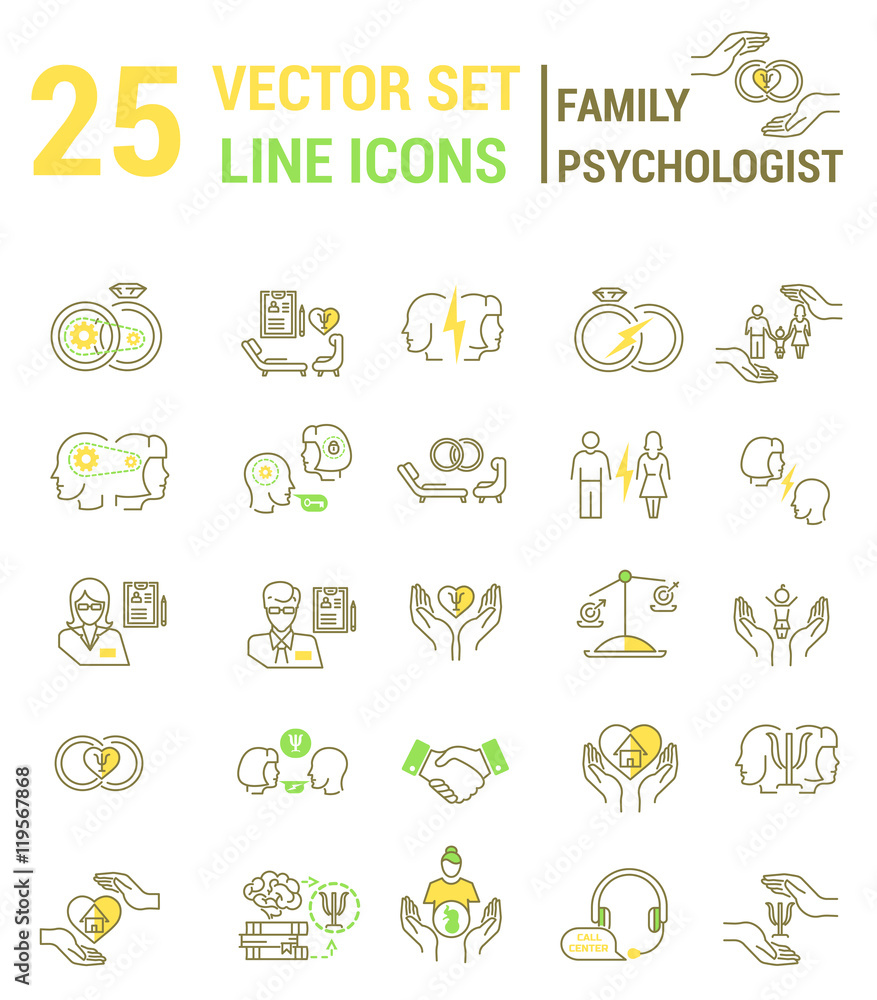 Set of icons in linear style on the subject of family psychologi Set of icons in linear style on the subject of family psychologi