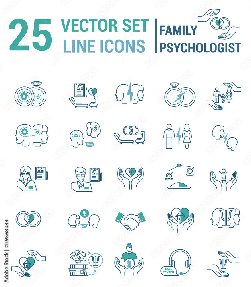 Set of icons in linear style on the subject of family psychologi Set of icons in linear style on the subject of family psychologi