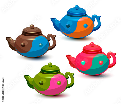 Bright colored teapots with a symbol of yin-yang. Set of colorful teapots with balance symbol.