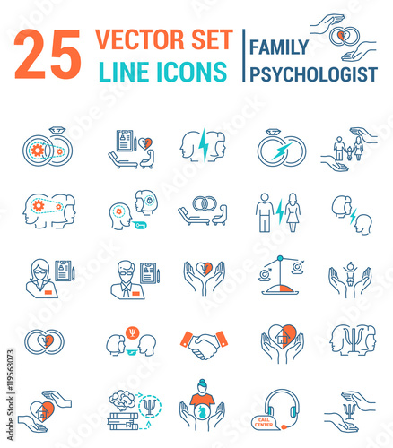 Set of icons in linear style on the subject of family psychologi