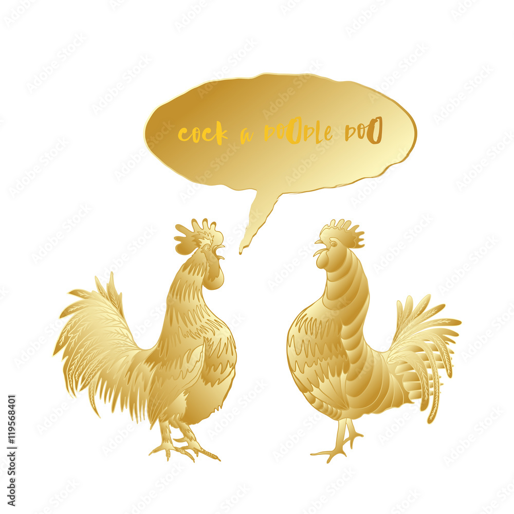 Cock a doodle doo calligraphy writing in speech bubble. Hipster design with roosters. Hand drawing morning roosters birds on white background.