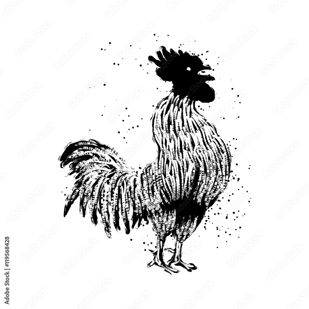 Rooster. Vintage style cock vector hand drawing imitation. Zodiac symbol  for Chinese New year 2017. Hair and paint brush texture on the edge of the  rooster Grunge. Stock Vector | Adobe Stock