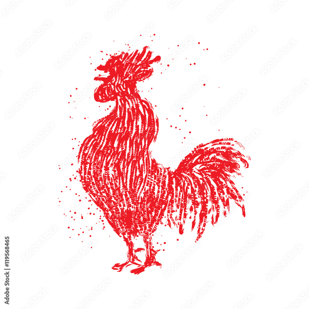 Rooster red label. Vintage style cock vector hand drawing imitation. Zodiac  symbol for Chinese New year 2017. Hair and paint brush texture on the edge  of the rooster Grunge. Stock Vector |