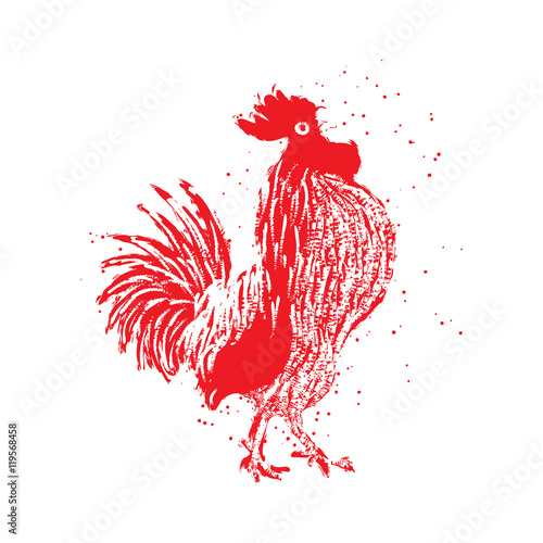Rooster red label. Vintage style cock vector hand drawing imitation. Zodiac symbol for Chinese New year 2017. Hair and paint brush texture on the edge of the rooster Grunge.