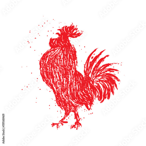 Black rooster. Hipster vintage design with rooster. Imitation of hand drawing or painting of roosters silhouette with Chinese calligraphy Inksticks or India ink. Textured zodiac new year 2017.