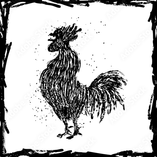 Black rooster. Hipster vintage design with rooster. Imitation of hand drawing or painting of roosters silhouette with Chinese calligraphy Inksticks or India ink. Textured zodiac new year 2017. photo