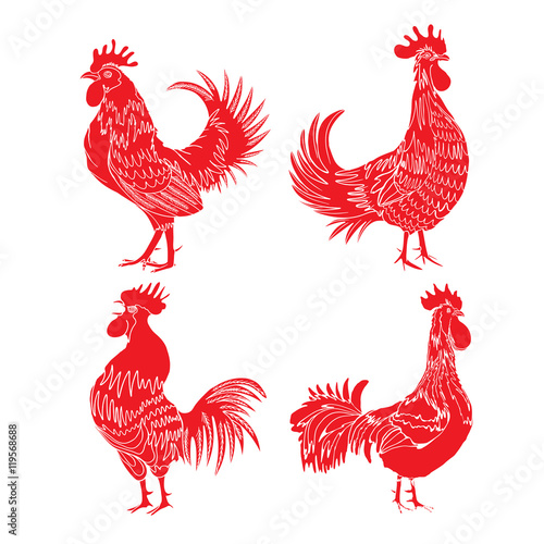 Set of roosters as animals zodiac symbols for Chinese New year 2017. Hand drawing collection of cocks design elements for Chinese New year cards. Chinese Year of the Rooster zodiac emblem bundle.