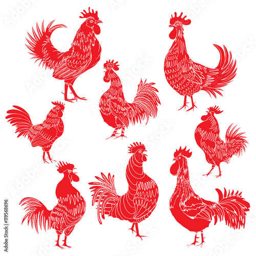 Set of roosters as animals zodiac symbols for Chinese New year 2017. Hand drawing collection of cocks design elements for Chinese New year cards. Chinese Year of the Rooster zodiac emblem bundle.