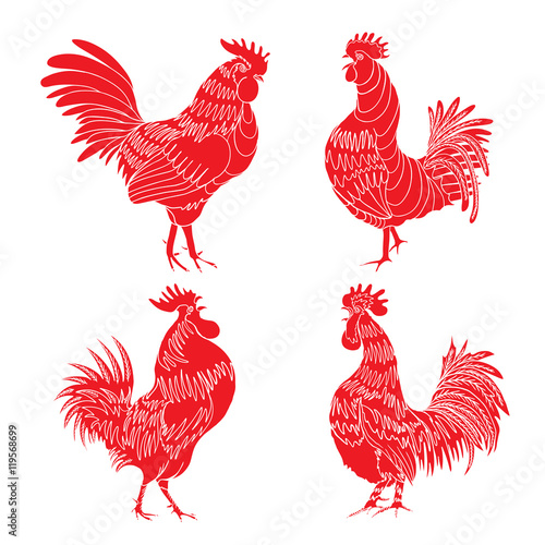 Set of roosters as animals zodiac symbols for Chinese New year 2017. Hand drawing collection of cocks design elements for Chinese New year cards. Chinese Year of the Rooster zodiac emblem bundle.