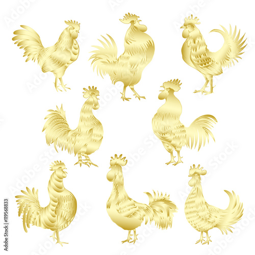 Set of Chinese 2017 new year of the Rooster symbols. Gold metallic roosters collection. Hand drawing bird with gradients. Chinese calendar Zodiac. Rooster golden silhouette bundle.