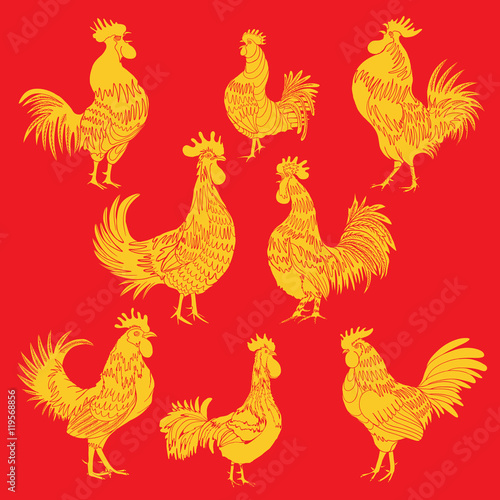 Set of roosters as animals zodiac symbols for Chinese New year 2017. Hand drawing collection of cocks design elements for Chinese New year cards. Chinese Year of the Rooster zodiac emblem bundle.