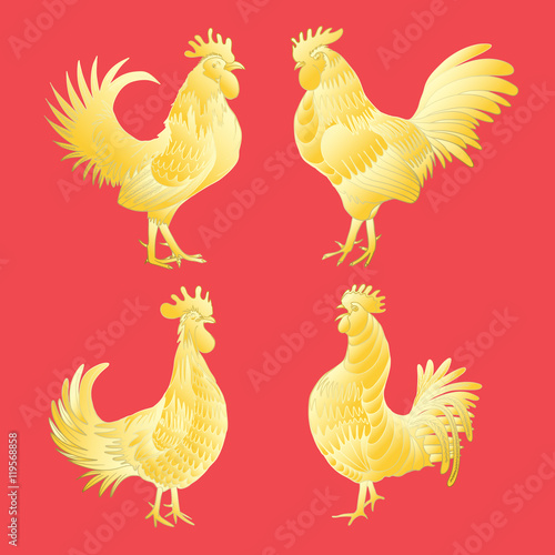 Golden rooster set on red background. Chinese calendar Zodiac. 2017 New Year of rooster collection. Roosters gold silhouette. Hand drawing of rooster. Chinese traditional calligraphy brushes bundle.  photo