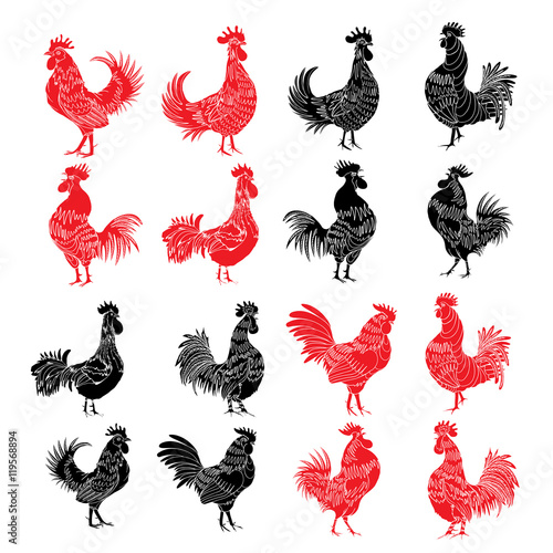 Set of roosters as animals zodiac symbols for Chinese New year 2017. Hand drawing collection of cocks design elements for Chinese New year cards. Chinese Year of the Rooster zodiac emblem bundle.