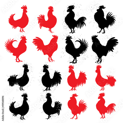 Set of roosters in different directions and poses. Hand drawing of red and black cocks. Collection of detailed quality farm birds. Bundle of zodiac symbols for Chinese New year 2017.  