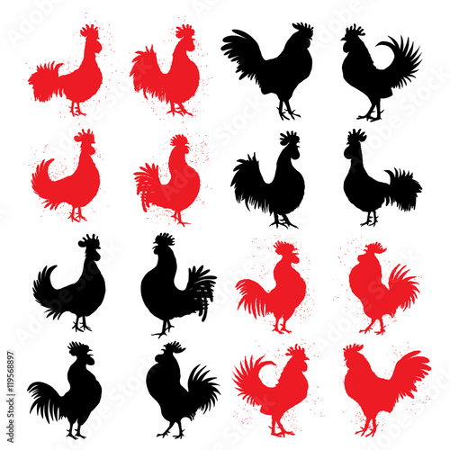 Set of roosters in different directions and poses. Hand drawing of red and black cocks. Collection of detailed quality farm birds. Bundle of zodiac symbols for Chinese New year 2017.  