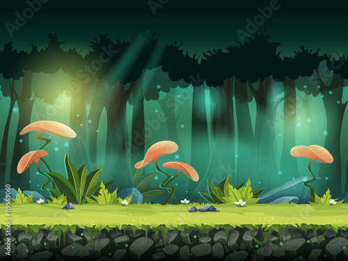 Vector horizontal seamless illustration of forest with mystical