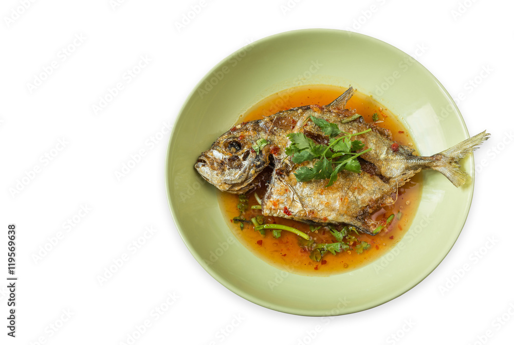 Thai food, Deep-fried fish and chili sauce on dish. Isolated on