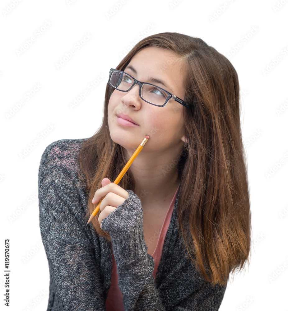 Pretty Mixed Race Girl Thinking with Pencil Pretty Mixed Race Girl Thinking with Pencil