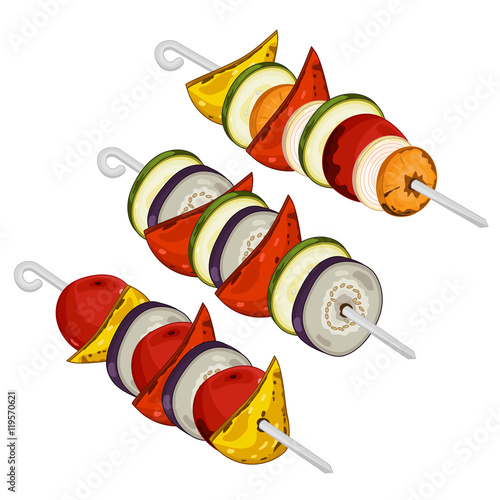 Grilled vegetables kebab on isolated on white background vector illustration. Roasted veggie food. Assorted vegetables barbecue.