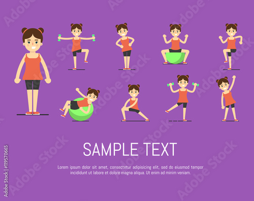 Smiling young girl doing exercises with dumbbells and fit ball, vector illustration set in flat style. Healthy lifestyle. Fitness people. Workout and gymnastics. Characters on purple background.