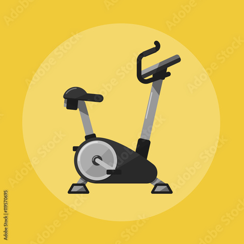 Vector illustration of gym sports equipment icon. Exercise bike isolated on yellow background. Active sport lifestyle. Stationary training bicycle good for exercise at home or gym