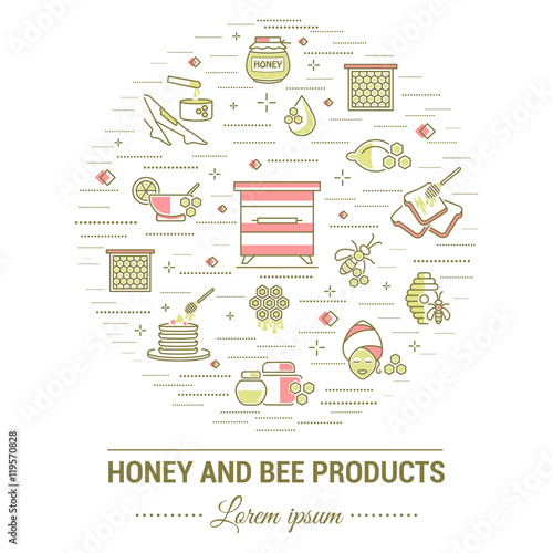 Flat line illustration of honey and bee products for card, advertising flyer , poster or website. Concept for catalog design, advertising cards and printed materials. Template for banner.