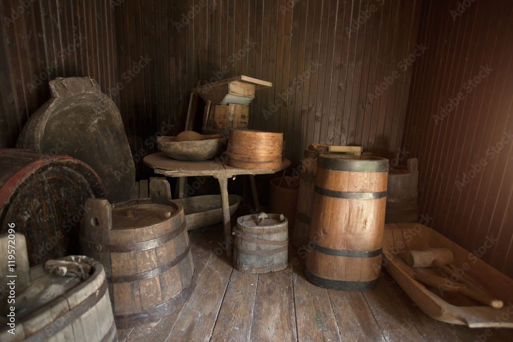 Old crafts wood cellar, cheese kegs, basement