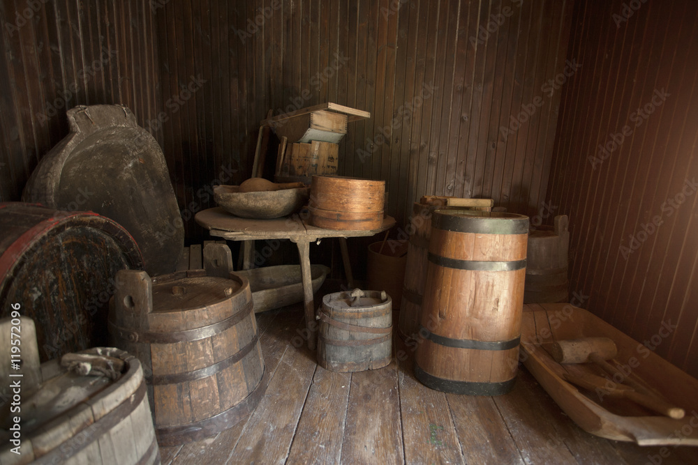 Old crafts wood cellar, cheese kegs, basement Old crafts wood cellar, cheese kegs, basement