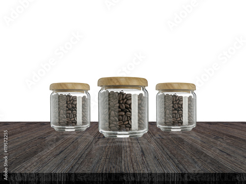 Coffee beans in glass bottle and white background on wood