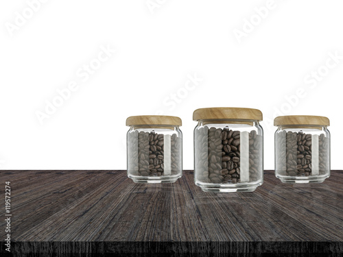 Coffee beans in glass bottle and white background on wood