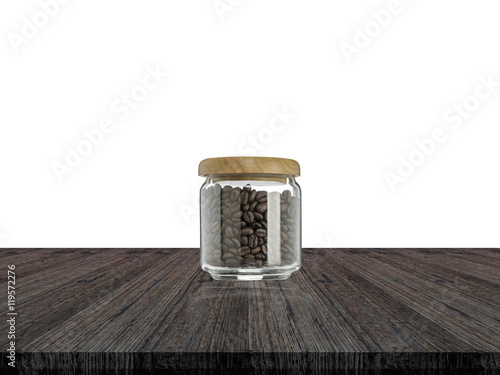 Coffee beans in glass bottle and white background on wood