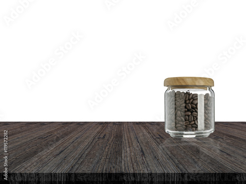Coffee beans in glass bottle and white background on wood