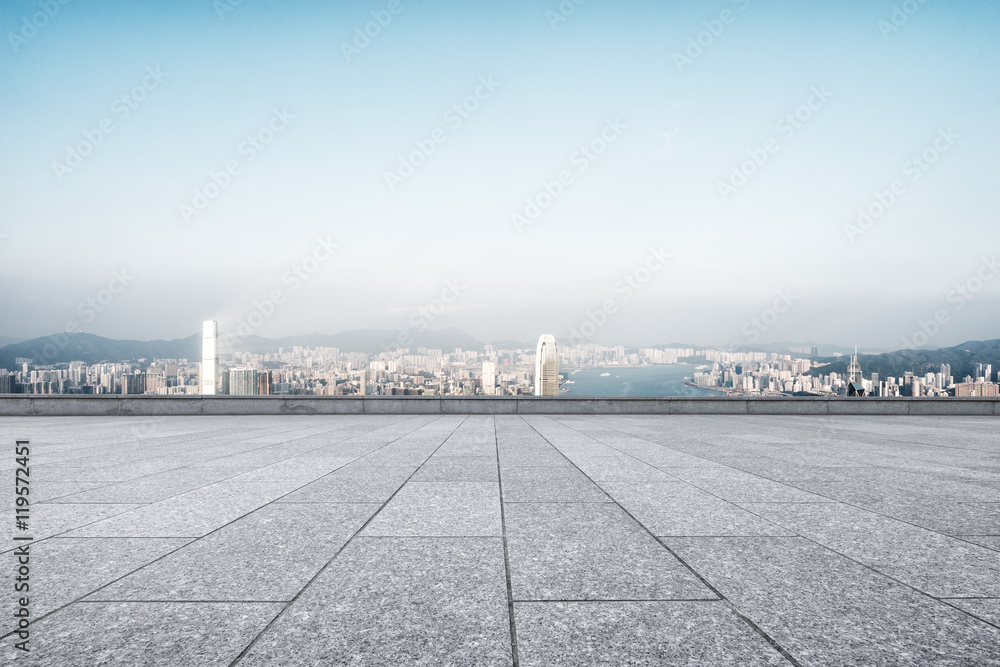 cityscape and skyline of hong kong from empty floor