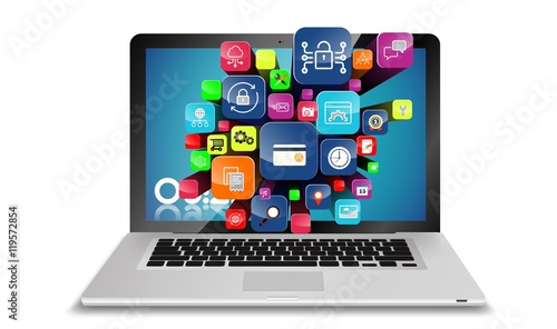 Laptop with flying application icons. 3D illustration