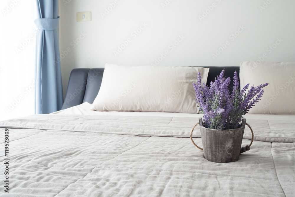 Fototapeta premium The bed with purple lavender flower on flower pot.