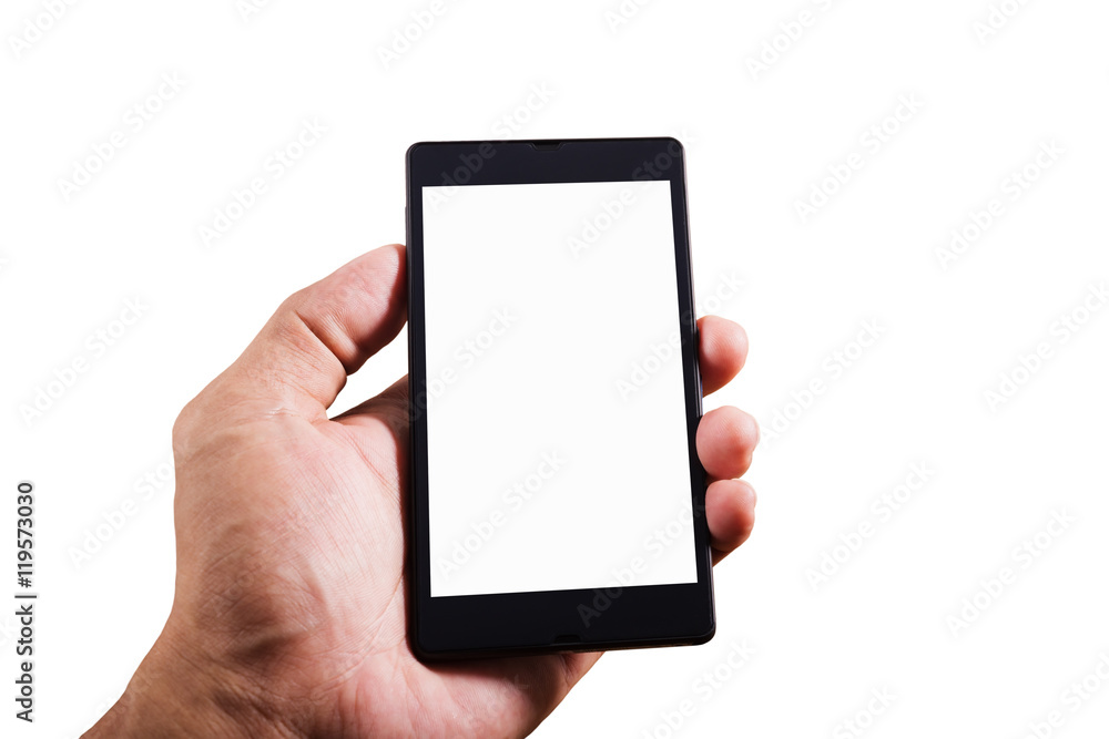 Hand man holding smart phone isolated Hand man holding smart phone isolated