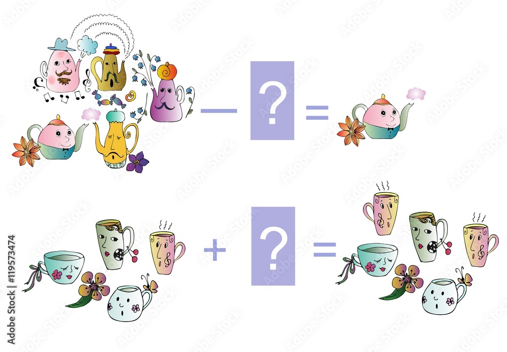 Educational game for children. Cartoon illustration of mathematical subtraction and addition. Examples with teapot and teacup. Colorful vector illustration.
