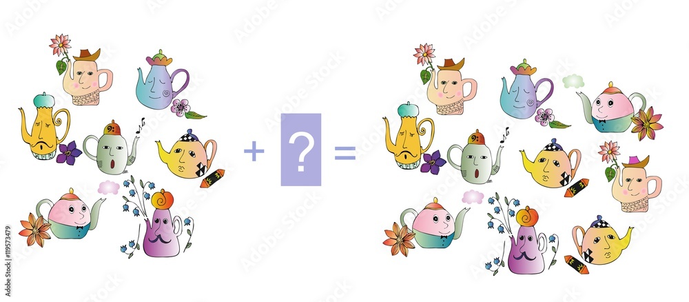 Cartoon illustration of mathematical addition. Examples with teapot. Educational game for children. Colorful vector illustration. Cartoon illustration of mathematical addition. Examples with teapot. Educational game for children. Colorful vector illustration.