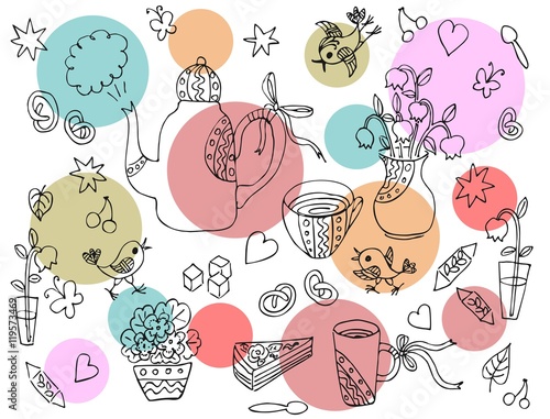 Pattern for tray or  tablecloth. Beautiful card with hand drawn elements for tea party - teapot, cups, spoons, vases with flowers, sweetness and colorful dots. Vector illustration.
