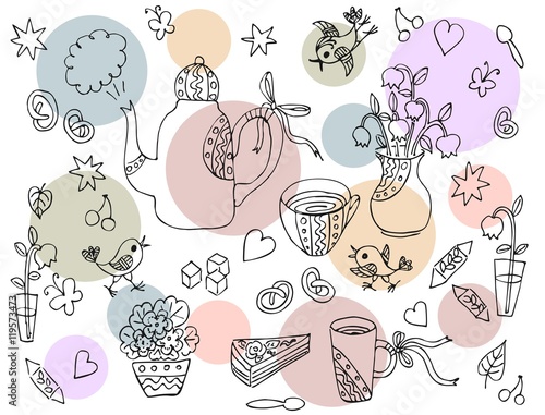 Pattern for tray or  tablecloth. Beautiful card with hand drawn elements for tea party - teapot, cups, spoons, vases with flowers, sweetness and colorful dots. Vector illustration.