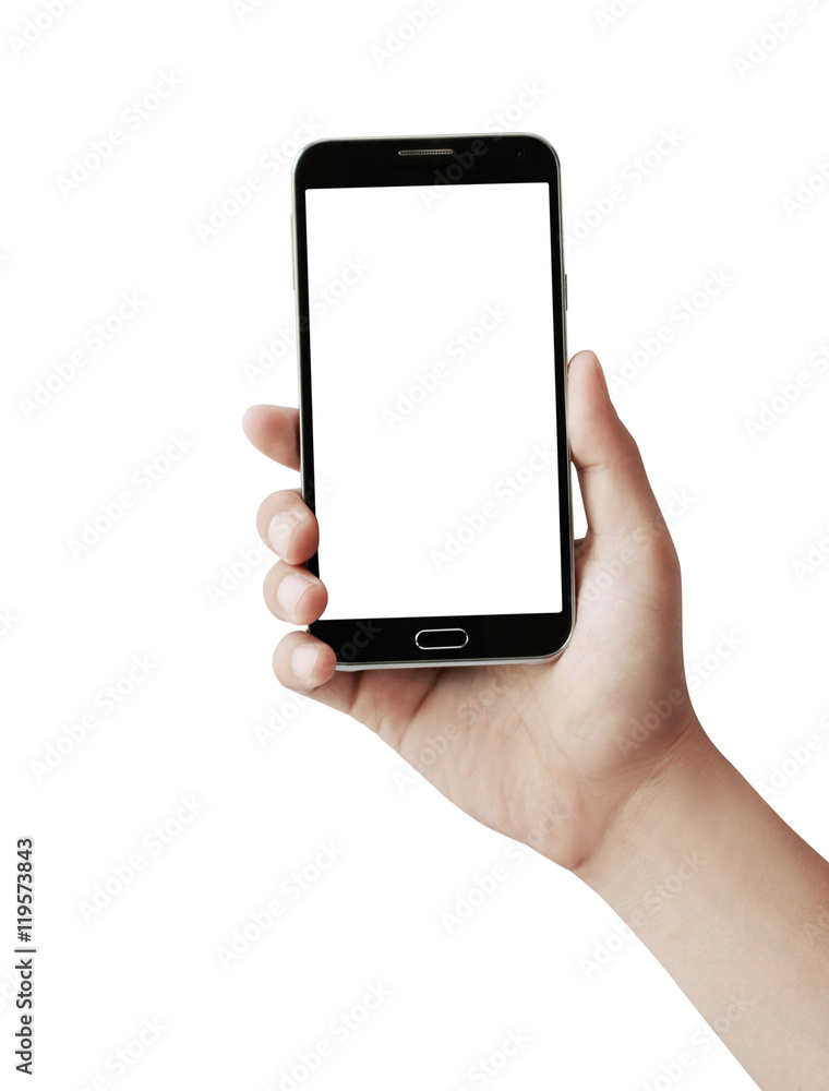 hand holding black phone isolated on white clipping path inside hand holding black phone isolated on white clipping path inside