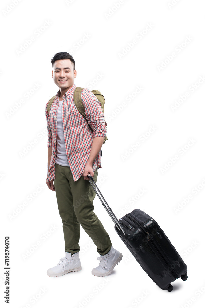 Full portrait of smiling happy man with grey suitcase - isolated Full portrait of smiling happy man with grey suitcase - isolated